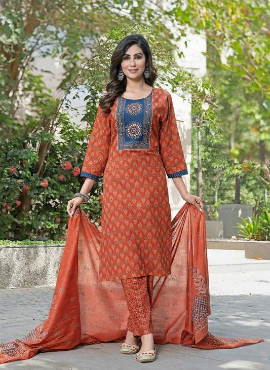 BulBul Aaliya Elegance Rust Cotton Kurta Set with Dupatta - Swadesiicart