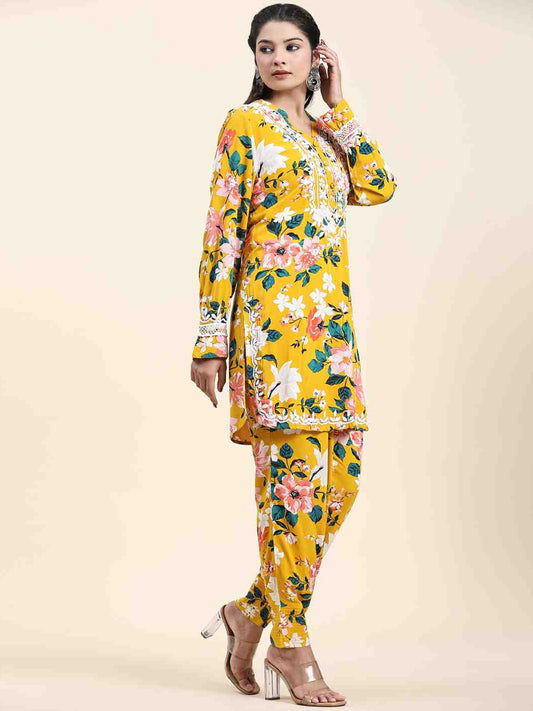 HOUSE OF KARI Floral Printed Chikankari Regular Straight Pure Cotton Kurta with Trousers | Swadesiicart