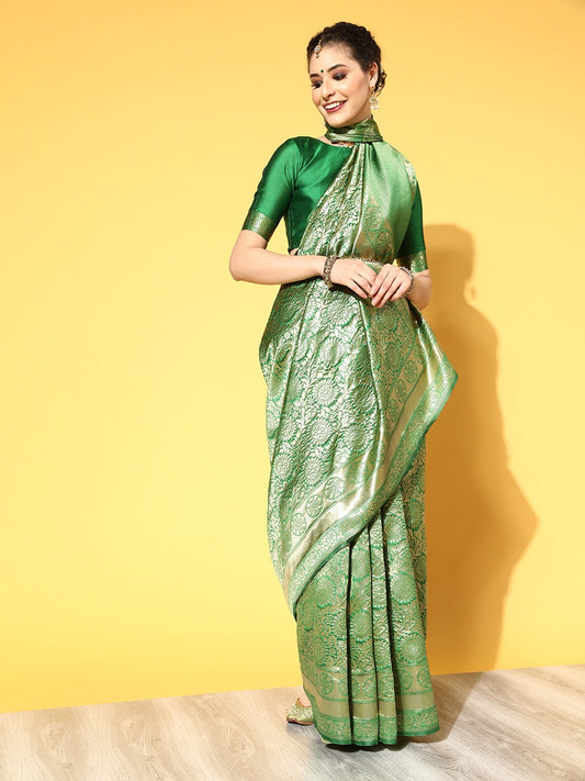 Saree Mall Green & Golden Woven Design Banarasi Saree | Swadesiicart