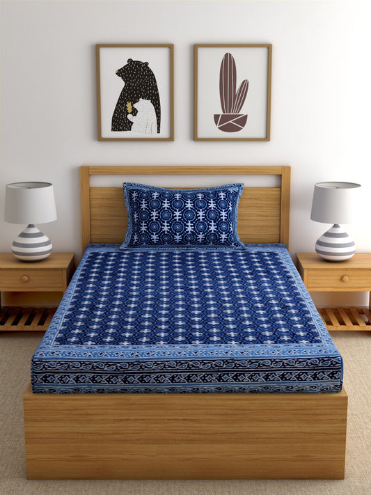 Rajasthan Decor Navy Blue Block Print 144 TC Cotton 1 Single Bedsheet with 2 Pillow Covers - Swadesiicart