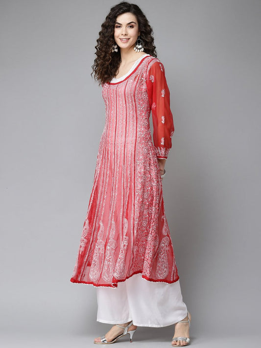 ADA Women Red & White Ethnic Motifs Embroidered Chikankari Georgette Kurta | Swadesiicart
