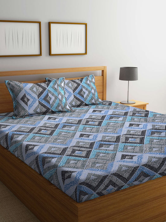 BOMBAY DYEING Epigram Blue & Grey Ethnic Cotton 120 TC Queen Bedsheet With 2 Pillow Covers - Swadesiicart