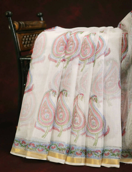Off White Mango Block Design Pure Kota Cotton Saree By Gayathri Reddy Designer Studio | Swadesiicart