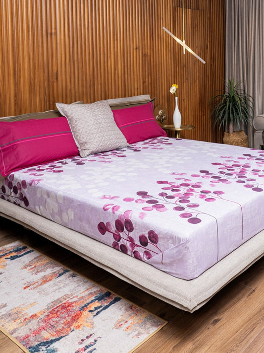 URBAN SPACE Divine Purple Floral 144 TC Pure Cotton Queen Bedsheet With 2 Pillow Covers - Swadesiicart
