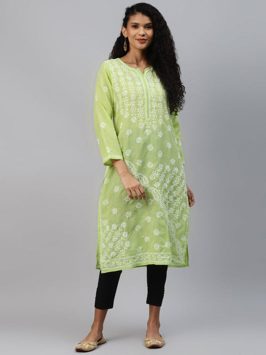 ADA Women Green & White Ethnic Motifs Chikankari Hand Embroidered Sustainable Kurta | Swadesiicart