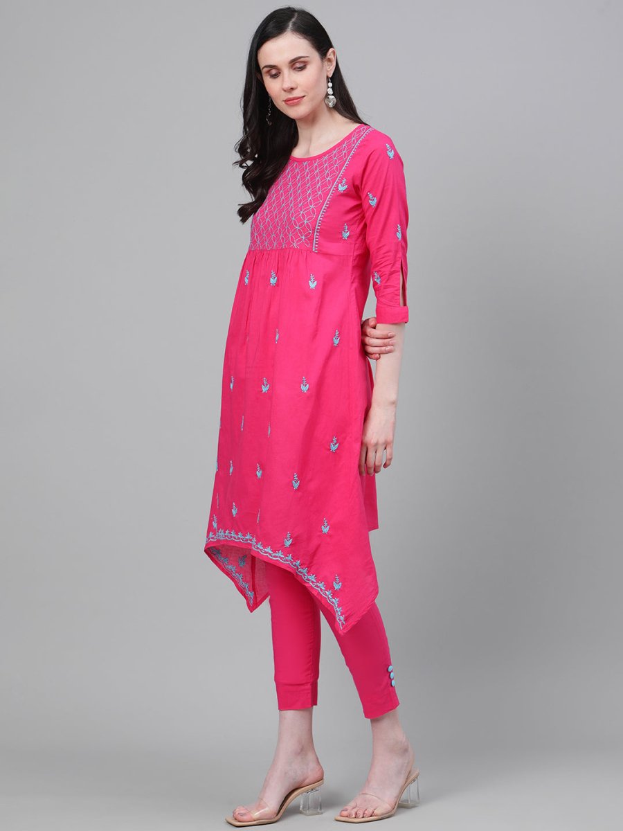 ADA Women Pink & Blue Chikankari Embroidered Cotton Handloom Kurta with Trousers | Swadesiicart