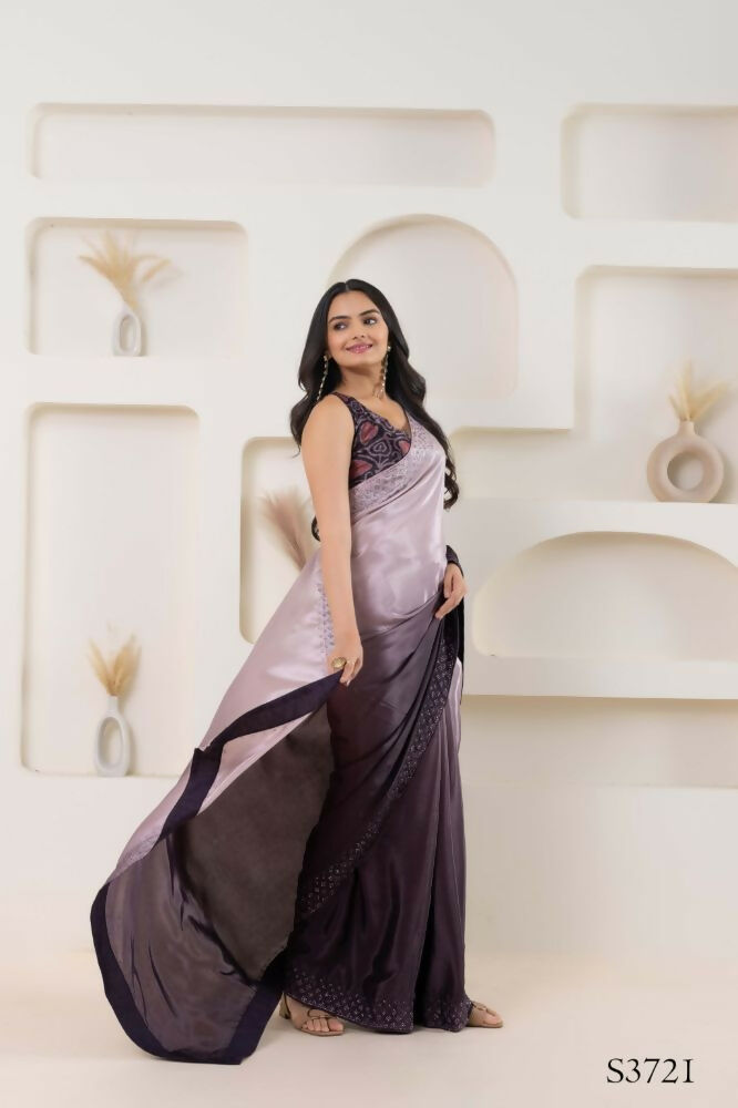 Wine Satin Pedding Designer, Printed Party Wear Ready To Wear Saree - Femina | Swadesiicart