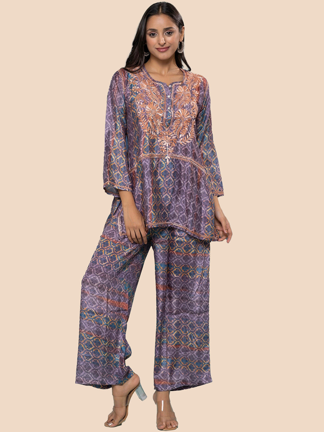 HOUSE OF KARI Floral Embroidered Regular Chikankari Straight Kurta with Palazzos | Swadesiicart