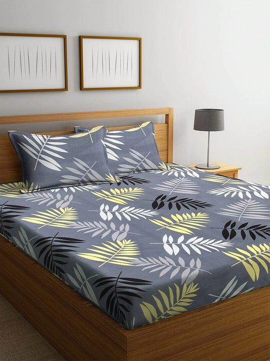Home Sizzler Grey Printed 144 TC 1 Queen Bedsheet with 2 Pillow Covers - Swadesiicart