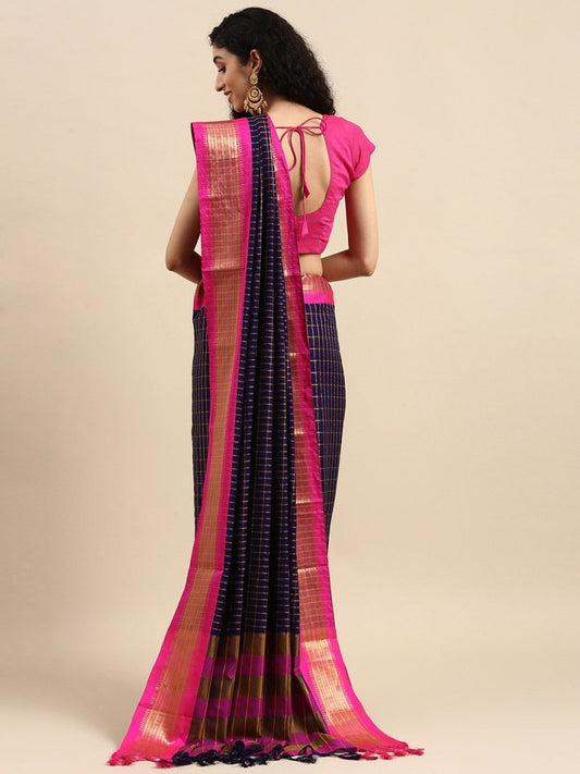 Anouk Navy Blue & Fuchsia Woven Design Pure Silk Banarasi Saree | Swadesiicart