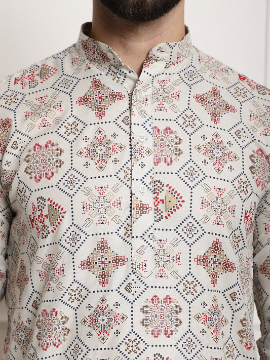 Sojanya Men Beige Printed Cotton Linen Kurta with Churidar | Swadesiicart