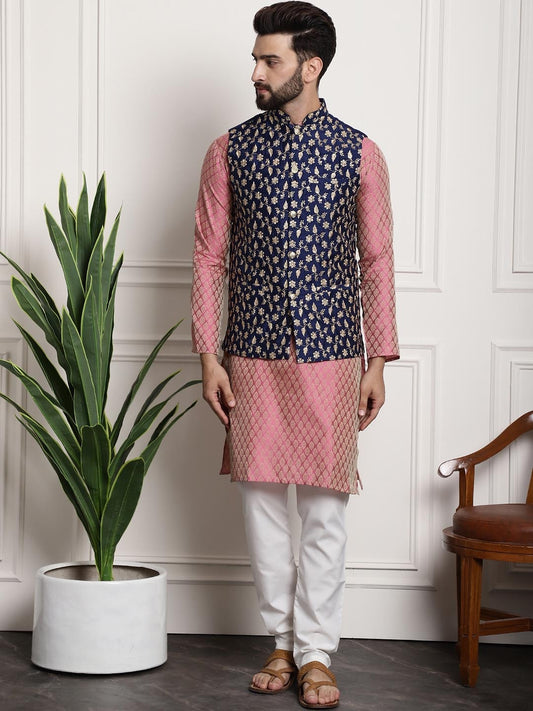 Sojanya Men Pink Ethnic Motifs Kurta with Pyjamas & Nehru Jacket | Swadesiicart