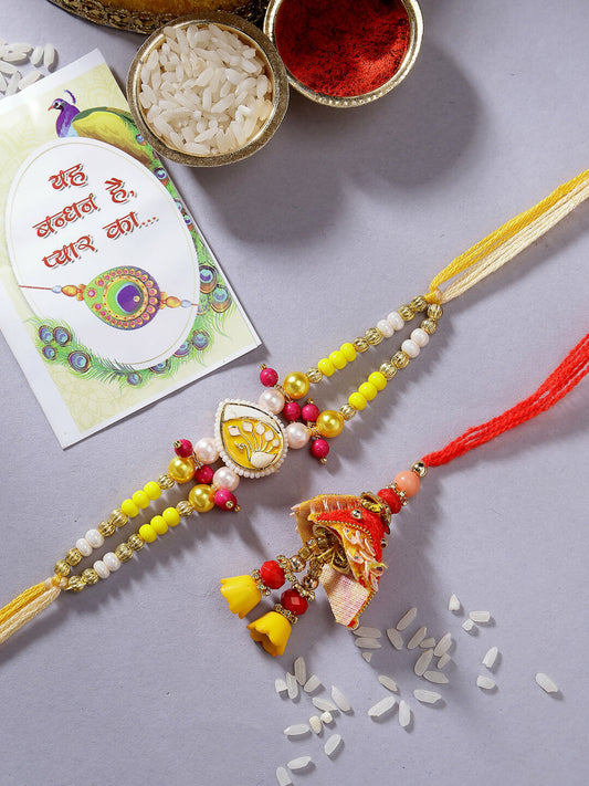NVR Women & Men Set of 2 Yellow Peacock Design Bhaiya Bhabhi Rakhi With Roli Chawal | Swadesiicart