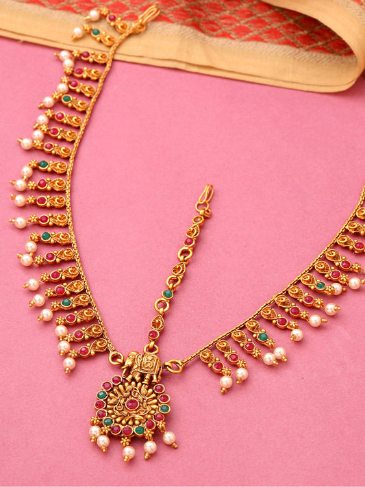 Yellow Chimes Women Gold-Polished,Maroon,Green White Pearl Hanging Bridal Mathapatti | Swadesiicart