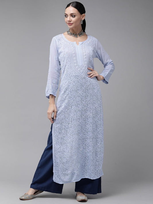 ADA Women Blue & Blue Ethnic Motifs Embroidered Chikankari Georgette Kurta | Swadesiicart