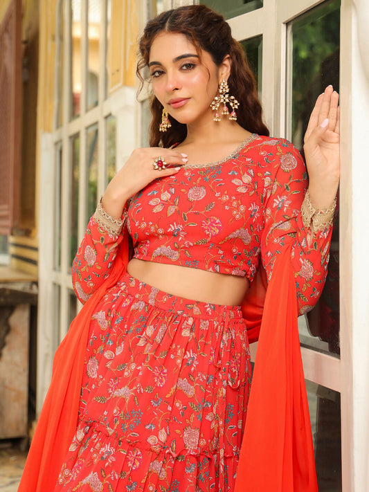 Janasya Red Georgette Floral Lehenga Choli Dupatta | Swadesiicart