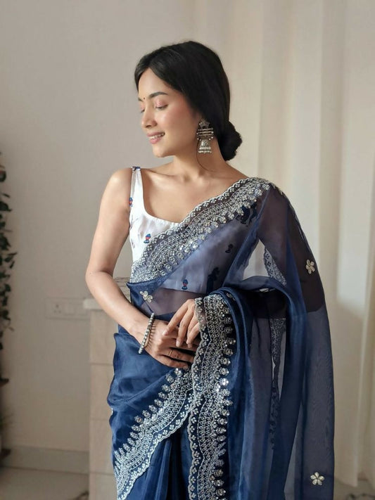 Vamsee Shirovastra Navy Blue Organza Saree - Swadesiicart