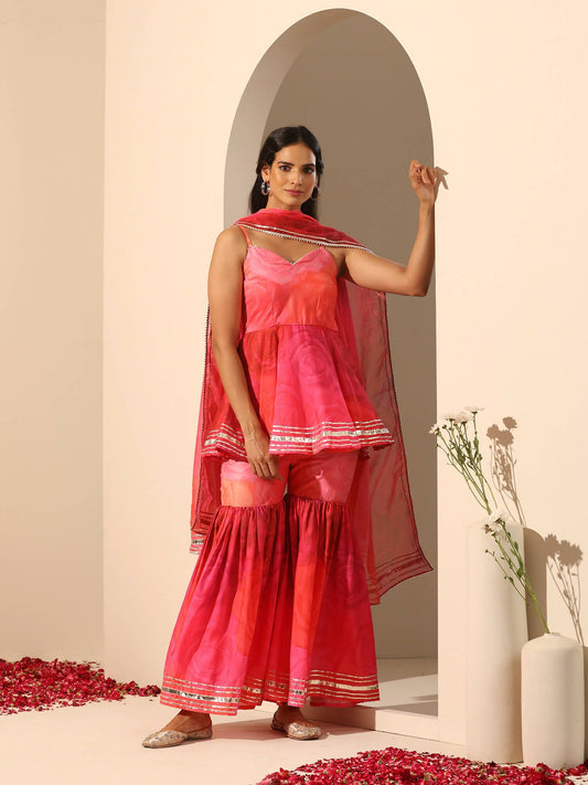 Pomcha Jaipur Pink Gul Bahaar Sharara Set | Swadesiicart
