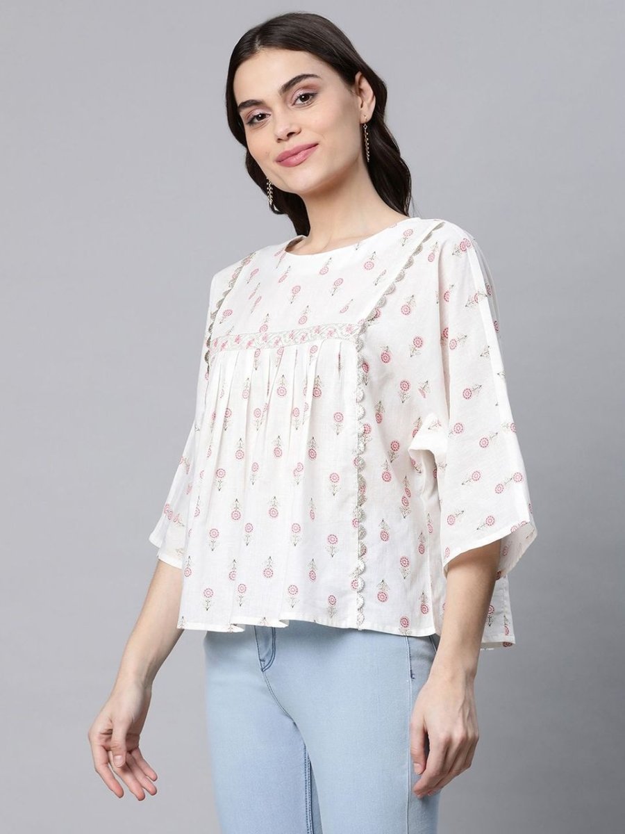 Ahalyaa Off White Pure Cotton Floral Printed Tunic | Swadesiicart