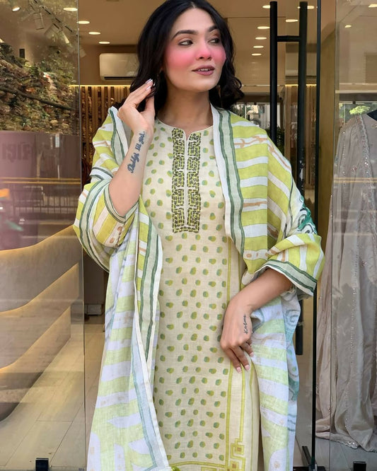 The52 Multi Women's Gorgeous Linen Silk Fabric Embroidered Work Straight Kurta Pant and Dupatta Set - Swadesiicart