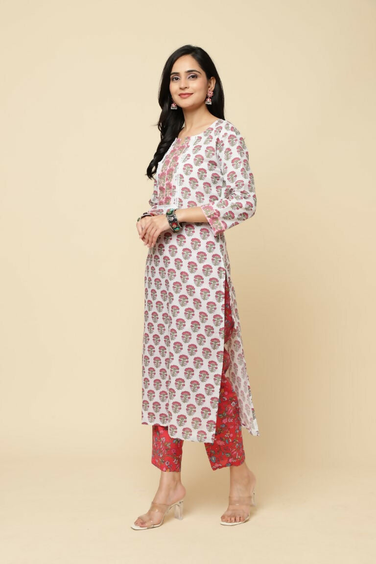 Designer Stylish Red Cotton Blend Stitched Suit With Dupatta - Tanisha | Swadesiicart