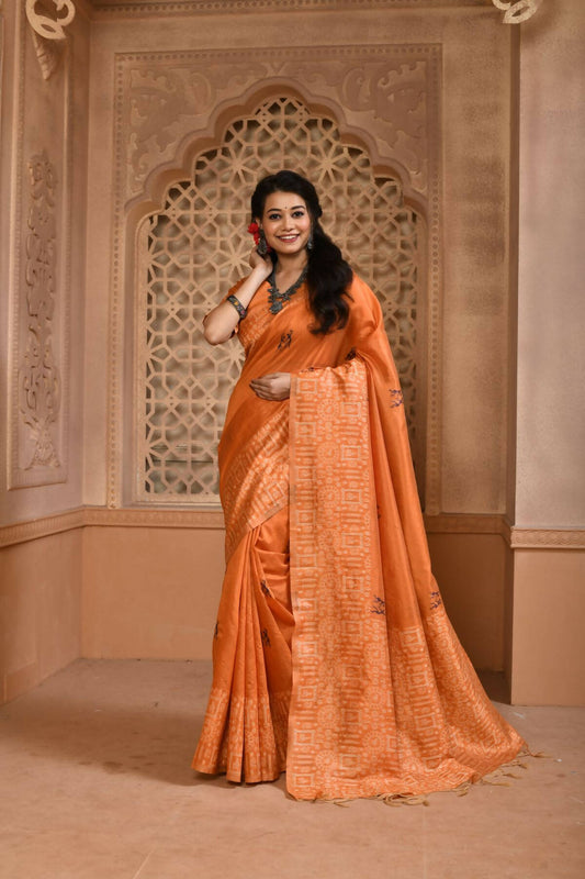 Vishnu Weaves Women's Orange Handloom Raw Silk Woven Border Saree with Unstitched Blouse - Swadesiicart