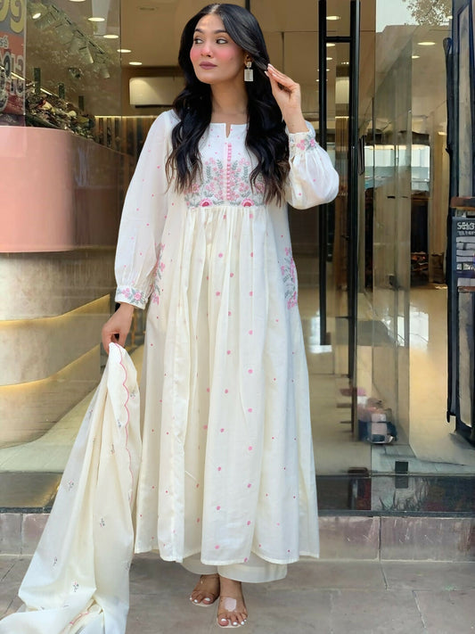 The52 White Women's Beautiful Cotton Fabric Thread Work Straight Kurta Pant and Dupatta Set - Swadesiicart