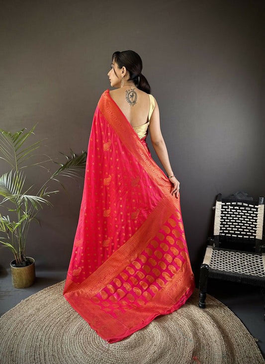 Joban Fashion Banarasi Hot Pink Woven Soft Silk Saree | Swadesiicart
