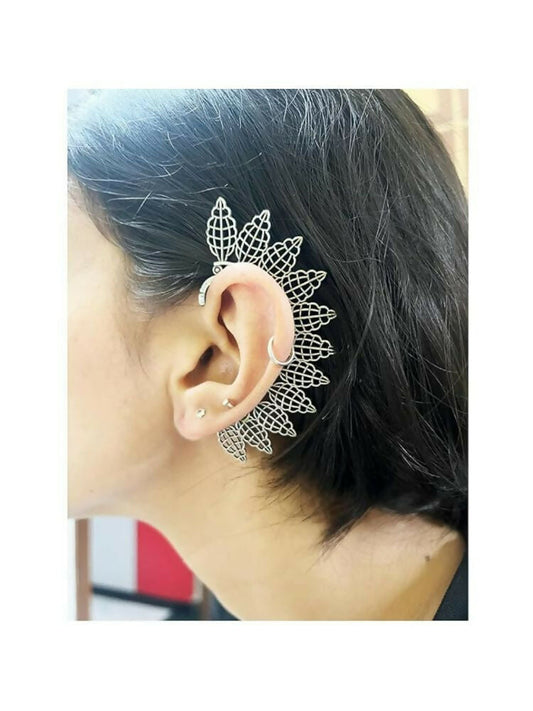 NVR Women Silver Plated Oxidised Leaf Style Ear Cuff