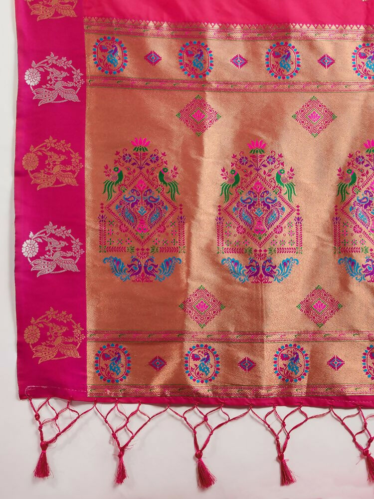 Vishnu Weaves Women's Magenta Banarasi Silk Zari Woven Saree with Blouse - Swadesiicart