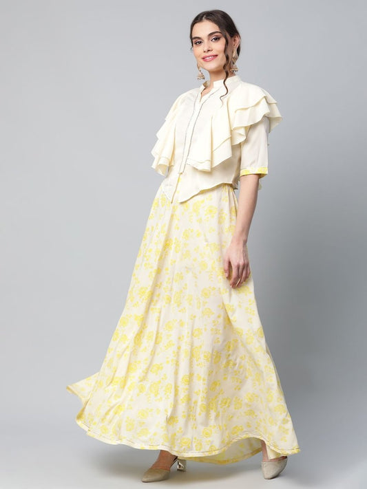 Ahalyaa Women Crepe Cream Solid Top with Printed Skirt with Ruffle Details | Swadesiicart