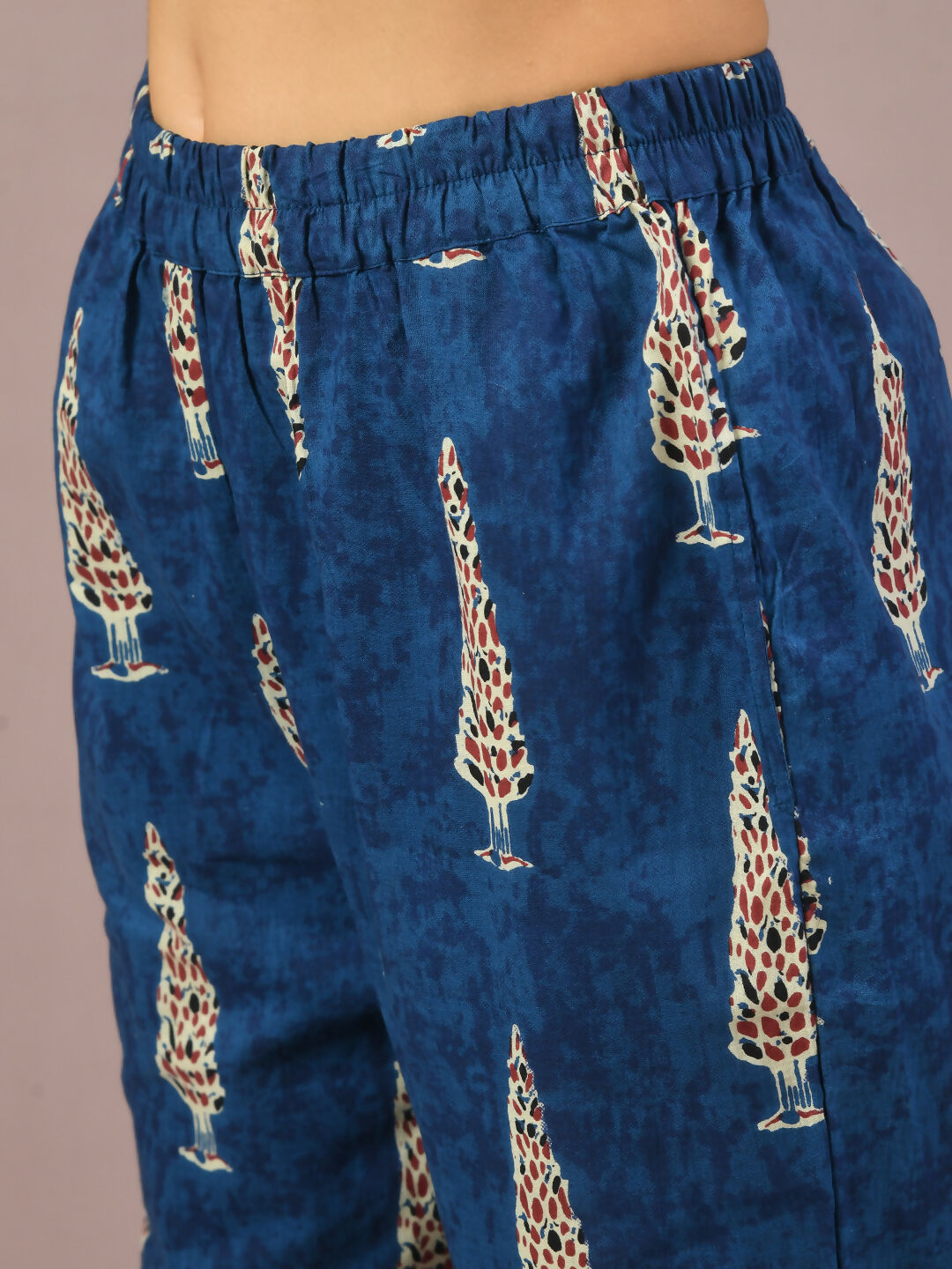 Myshka Women's Blue Printed Cotton Round Neck Party Tunic With Trousers Co-ord set - Swadesiicart