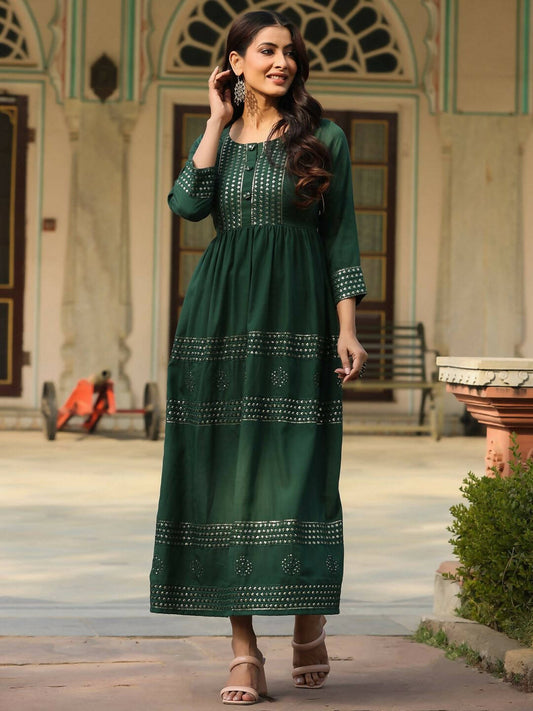 Juniper Women's Green Festive Embroiderd Flared Dress | Swadesiicart