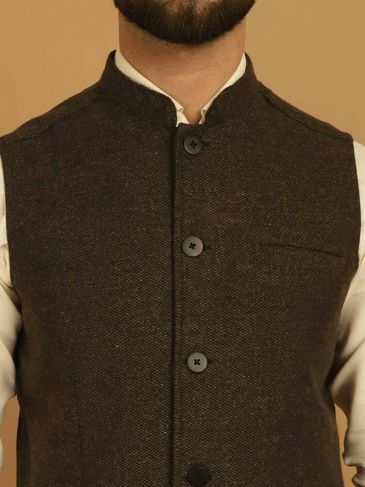 Even Apparels Pure Wool Nehru Jacket - Brown | Swadesiicart