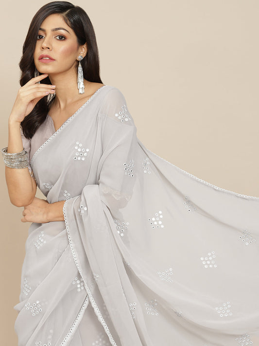 Tikhi Imli Grey Embroidered Mirror-Work Saree | Swadesiicart