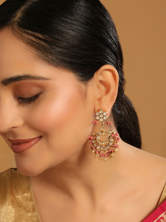 Nuyug 22k Gold-Plated Kundan Chandbali Earrings with Pink Stones | Swadesiicart