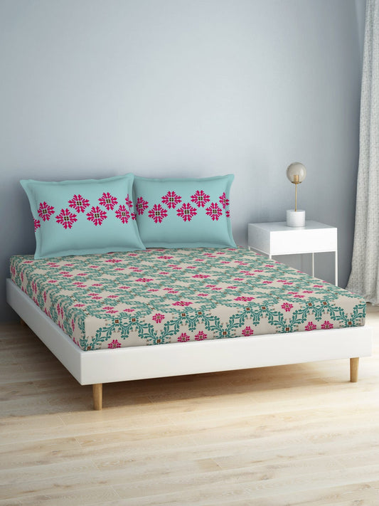 SPACES Aurum Blue Ethnic Motifs Pure Cotton 140 TC Queen Bedsheet With 2 Pillow Covers - Swadesiicart