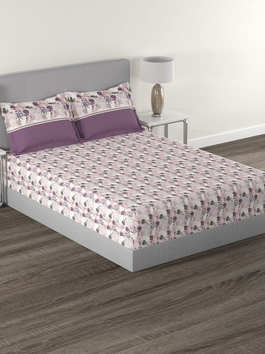 MYTRIDENT Mauve White Floral Cotton 144 TC Queen Bedsheet With 2 Pillow Covers - Swadesiicart