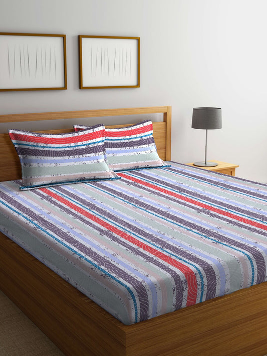 BOMBAY DYEING Red & Blue Striped Cotton 120 TC King Bedsheet with 2 Pillow Covers - Swadesiicart