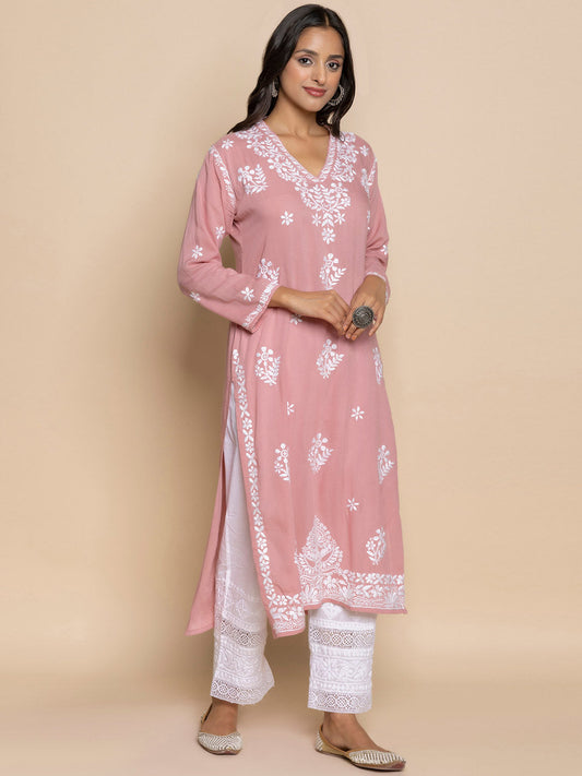 HOUSE OF KARI Floral Embroidered Fizaa Chikankari Pure Cotton Straight Kurta | Swadesiicart