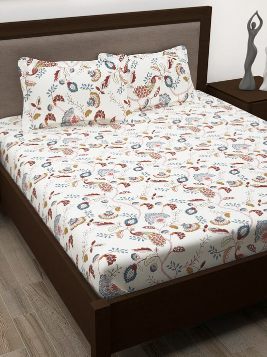Story@home White & Yellow Ethnic Motifs Cotton 186 TC Queen Bedsheet With 2 Pillow Covers - Swadesiicart