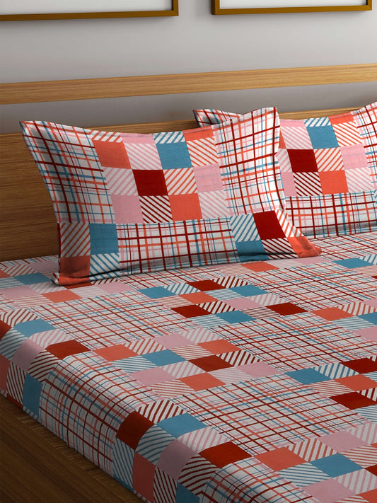 BOMBAY DYEING Marigold Pink Geometric Cotton 104 TC King Bedsheet & 2 Pillow Covers - Swadesiicart