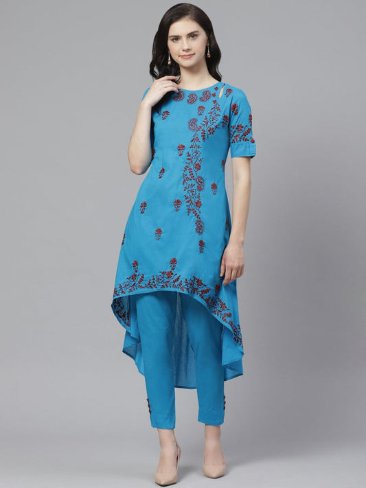ADA Women Blue & Maroon Chikankari Embroidered High Low Handloom Sustainable Kurta with Trousers | Swadesiicart