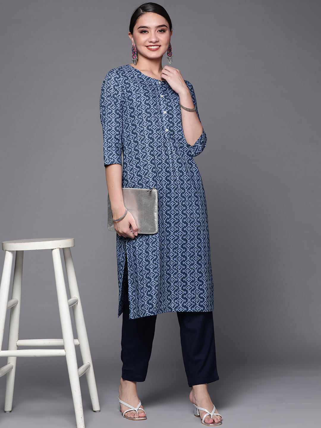 Biba Women Blue Pure Cotton Printed Straight Kurta - Swadesiicart
