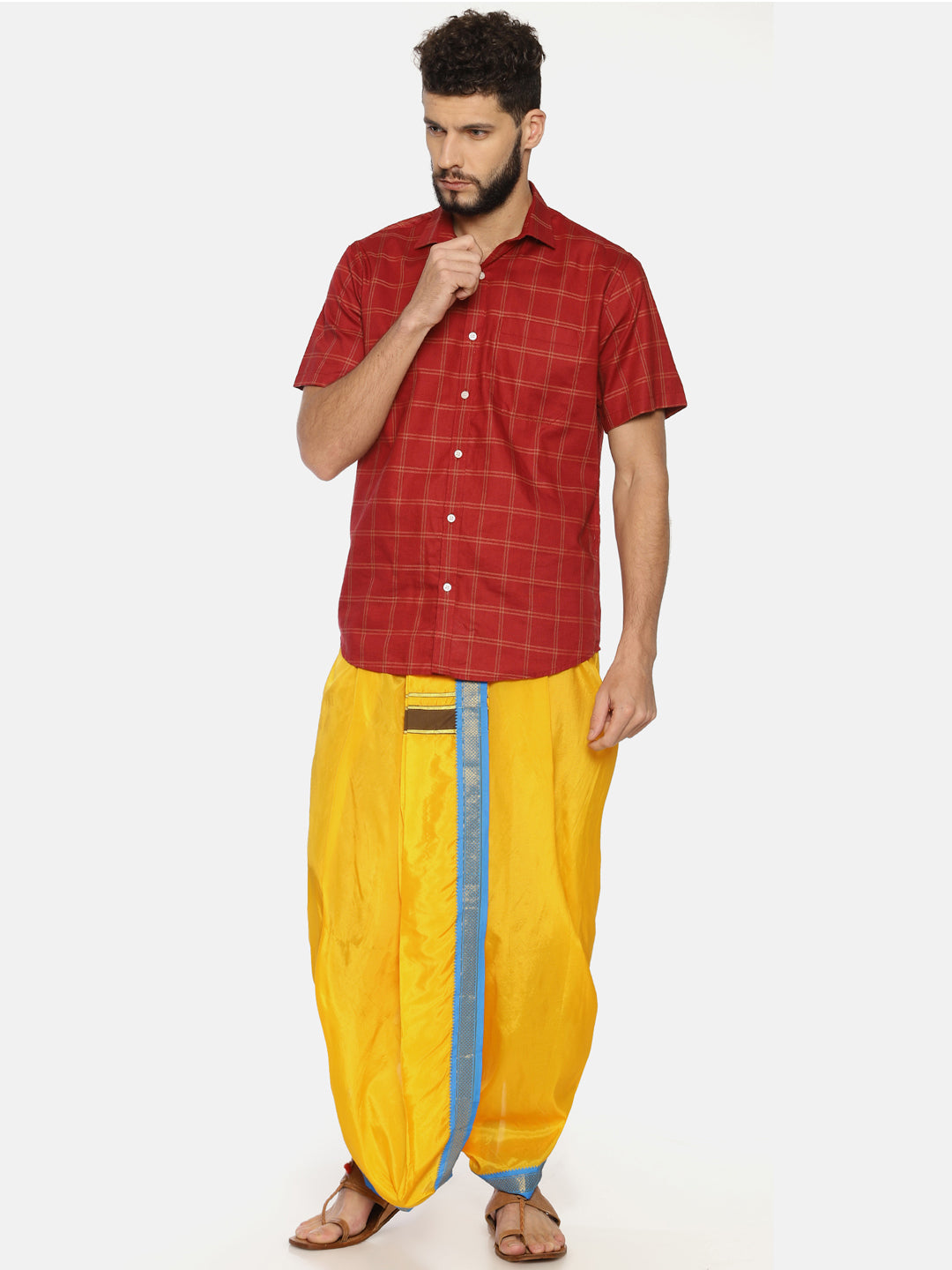 Sethukrishna Men Yellow Solid Double Layer Readymade Dhoti Pant | Swadesiicart
