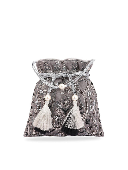 Masq Grey & White Embellished Potli Clutch