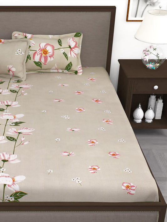 Story@home Beige & Red Floral Flat 240 TC 1 Double Bedsheet with 2 Pillow Covers - Swadesiicart