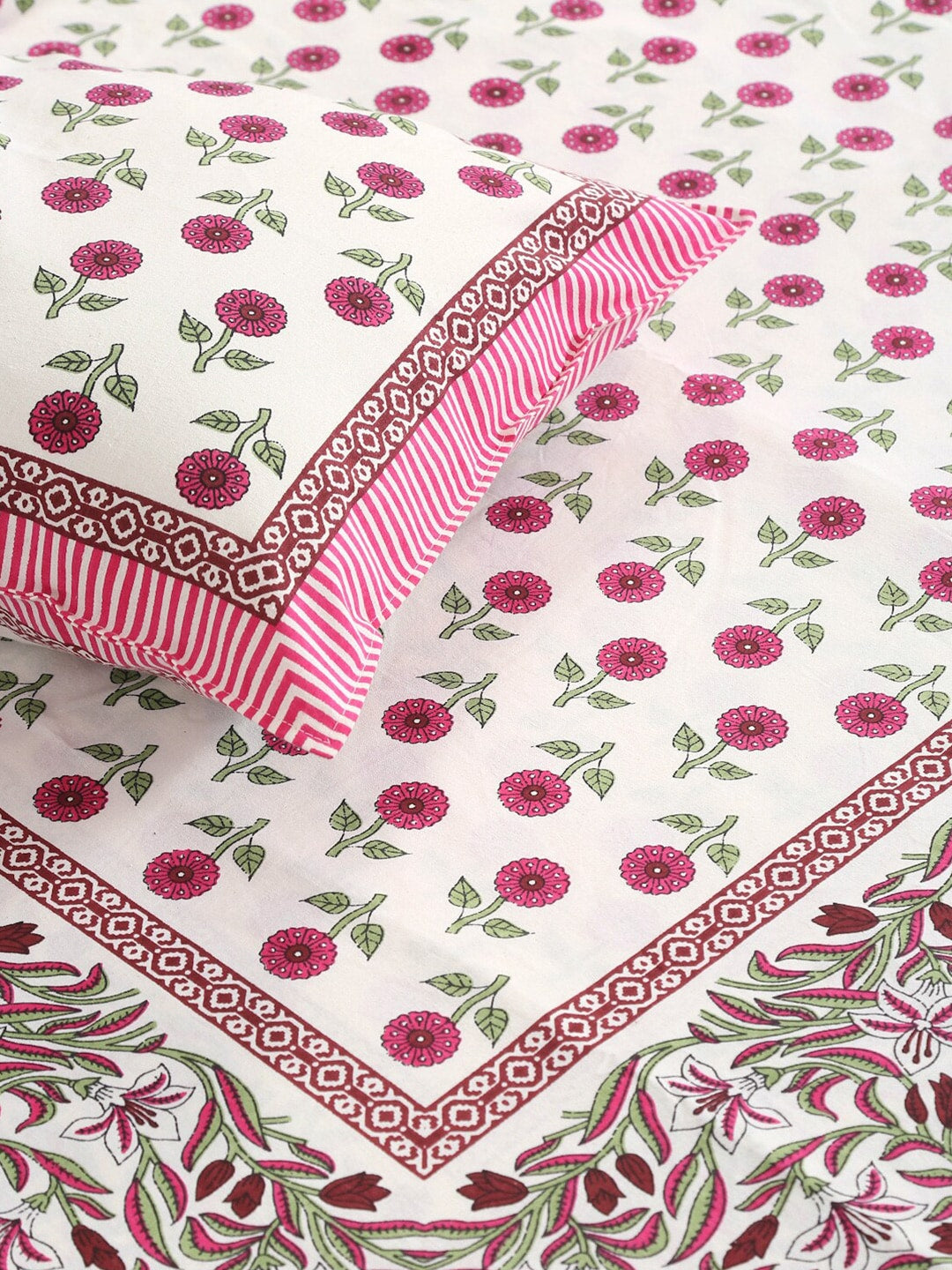 Rajasthan Decor White & Pink Ethnic Motifs 144 TC King Bedsheet with 2 Pillow Covers - Swadesiicart