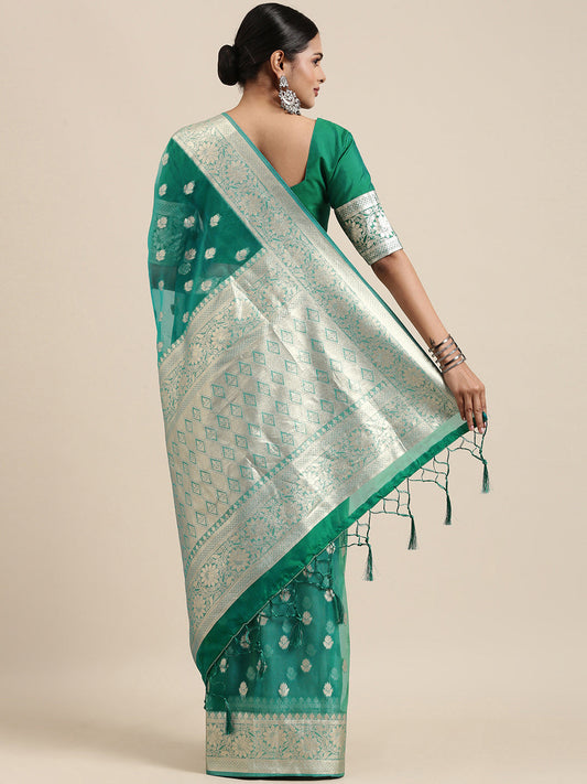 Saree Mall Green Ethnic Motifs Zari Organza Banarasi Saree | Swadesiicart