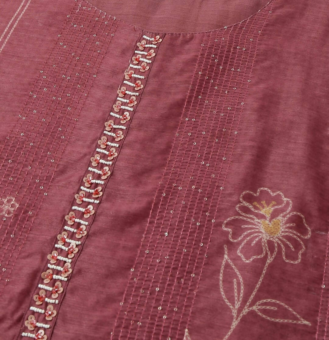 Maroon Chinon Digital Printed With Hand Work Kurta - Himanshi - Swadesiicart